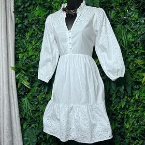 Biltmore Dress Small White Eyelet Cotton‎ Tiered Ruffle Neck Balloon Sleeve 4007